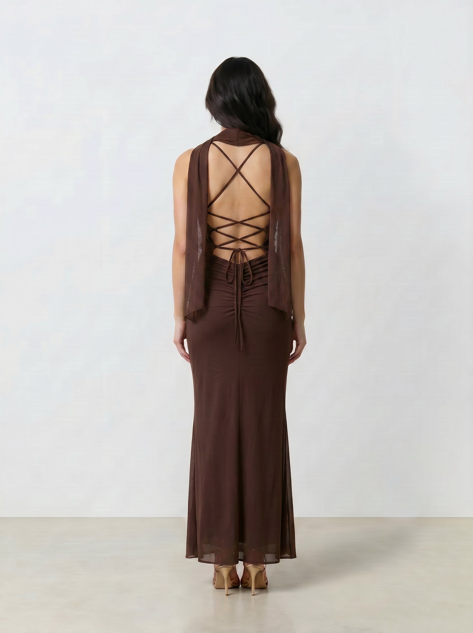 Freya Chocolate Brown Draped Corset Maxi Gown with Chiffon Scarf
