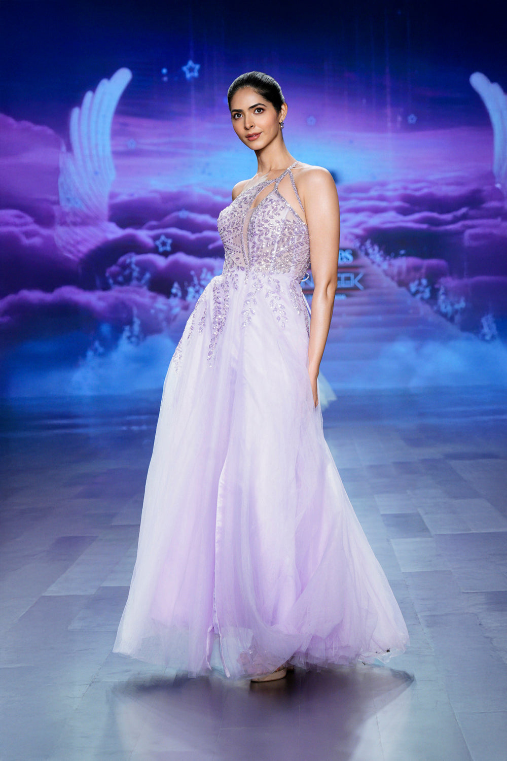 tulle organza lilac dress – long embellished evening dress (right profile)
