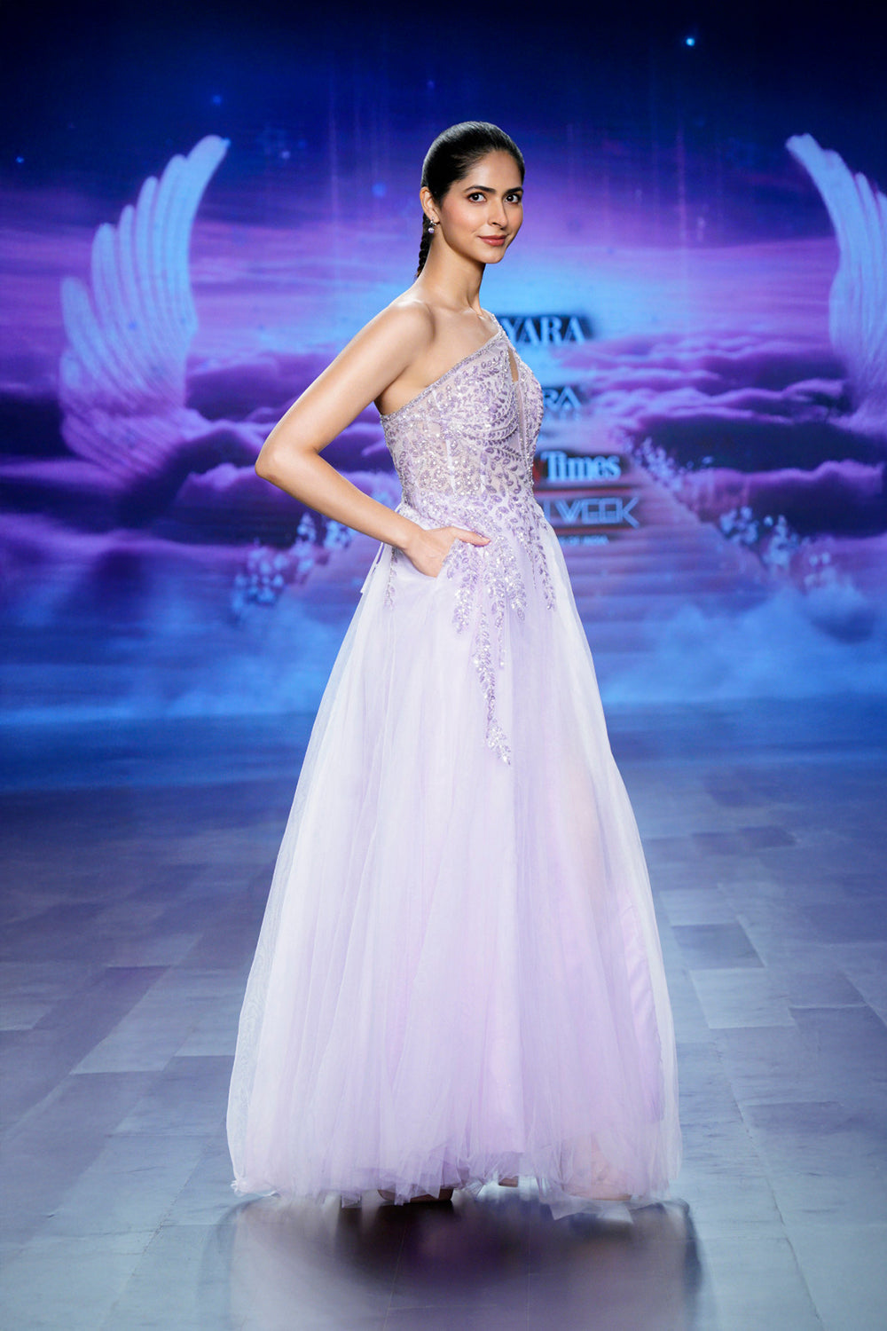 lilac one shoulder gown – special occasion dress for women (left profile)