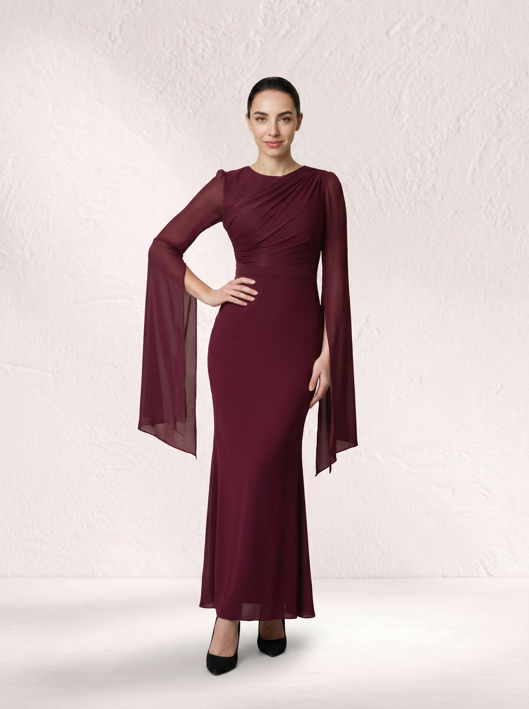 Genevieve Wine Ruched Split-Sleeve Gown