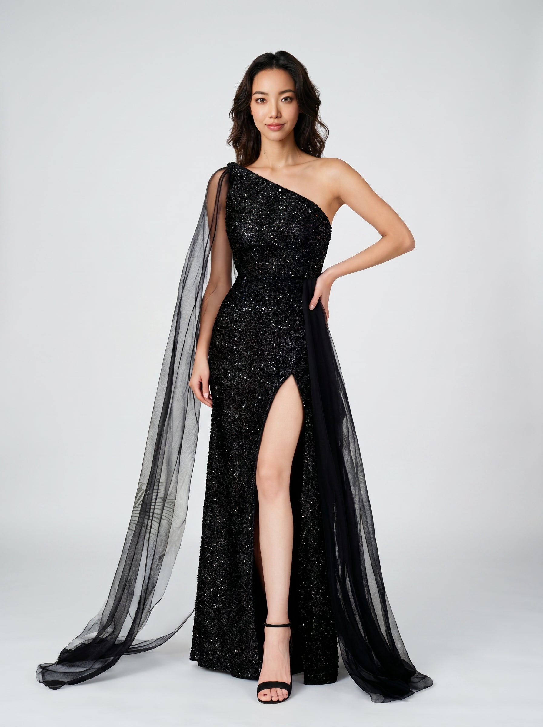 Noir Éclipse One-Shoulder Black Velvet Sequin Gown