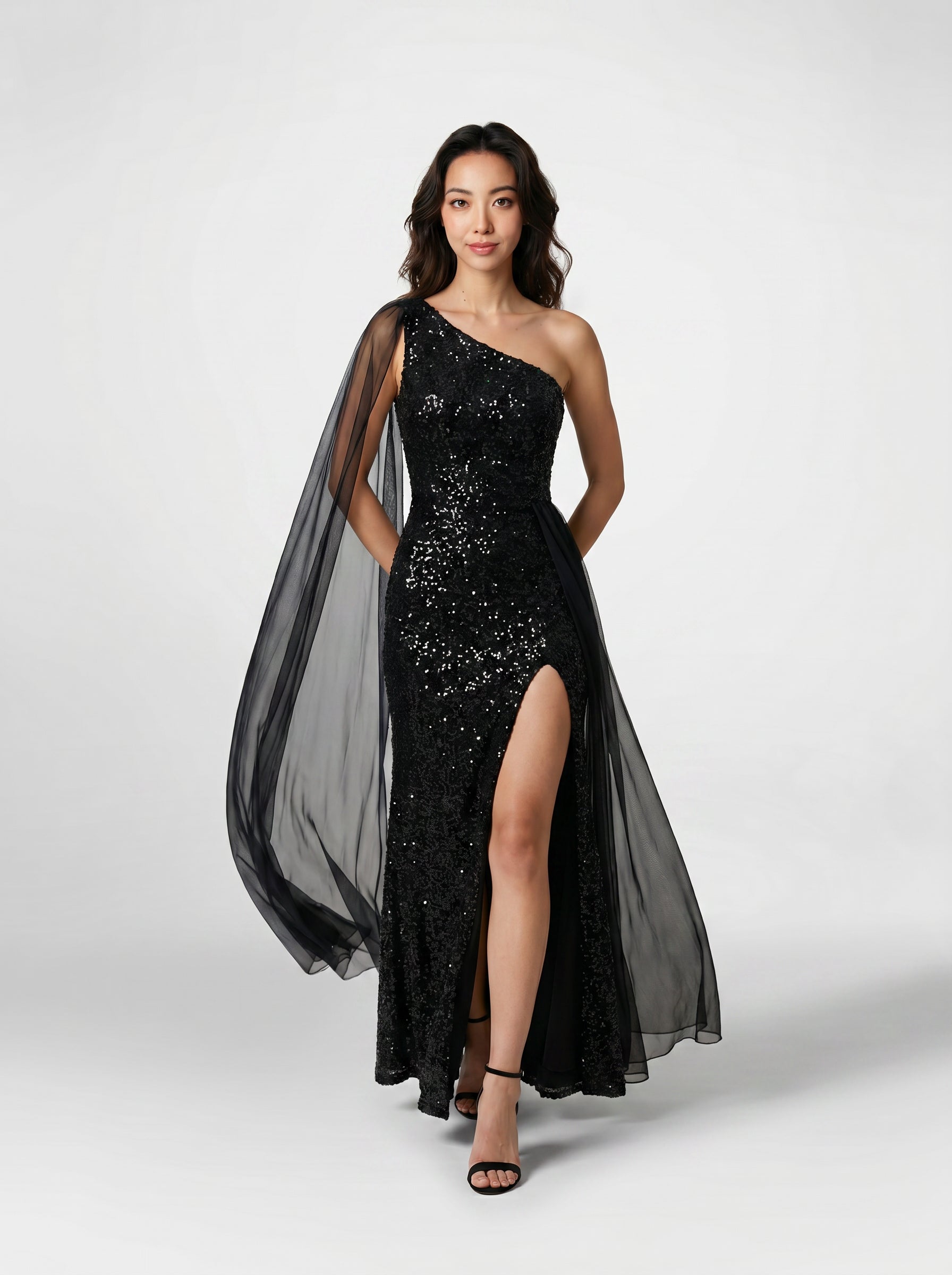 Noir Éclipse One-Shoulder Black Velvet Sequin Gown