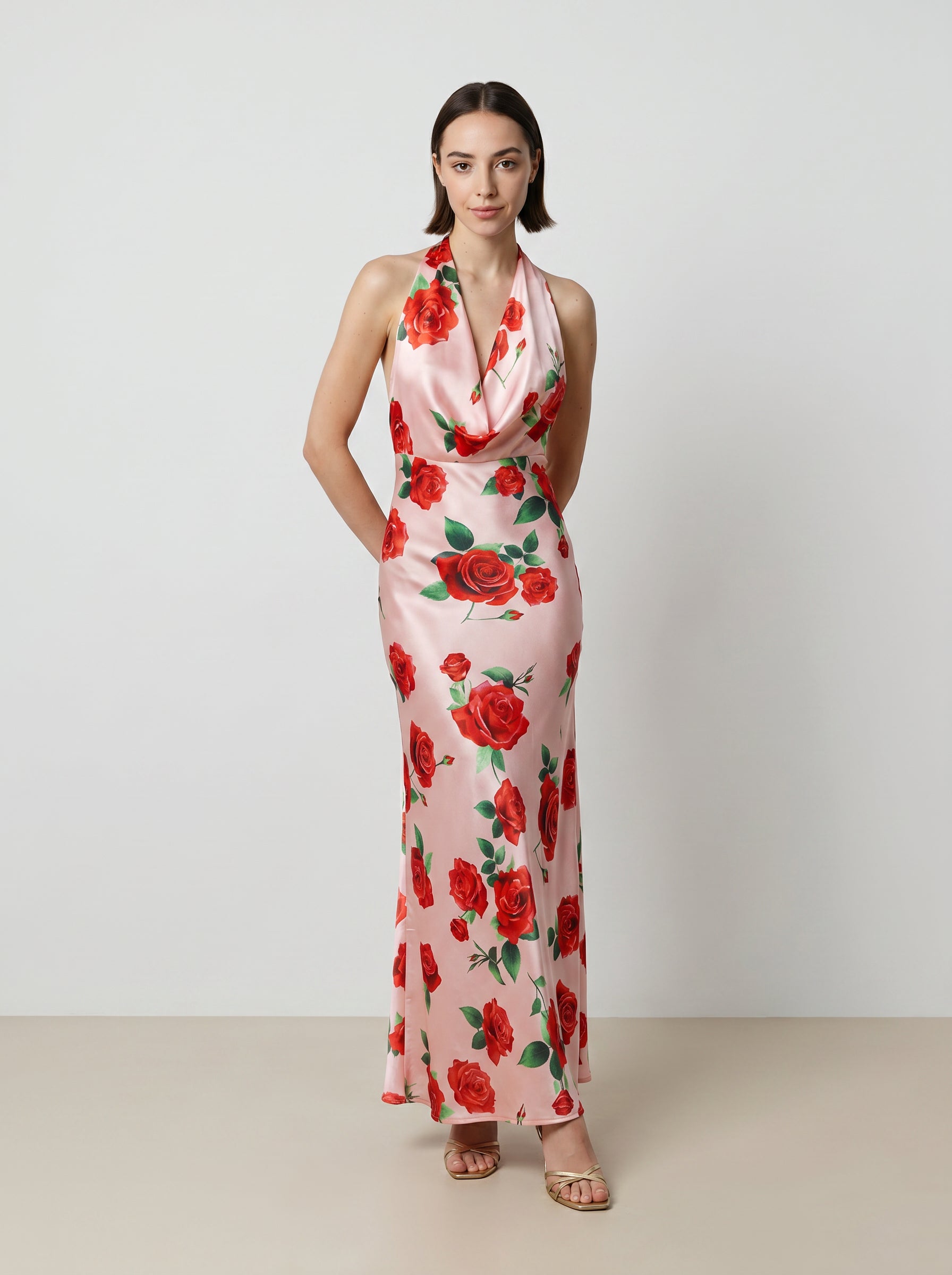Valentina Blush Pink Rose Satin Halter Maxi Gown