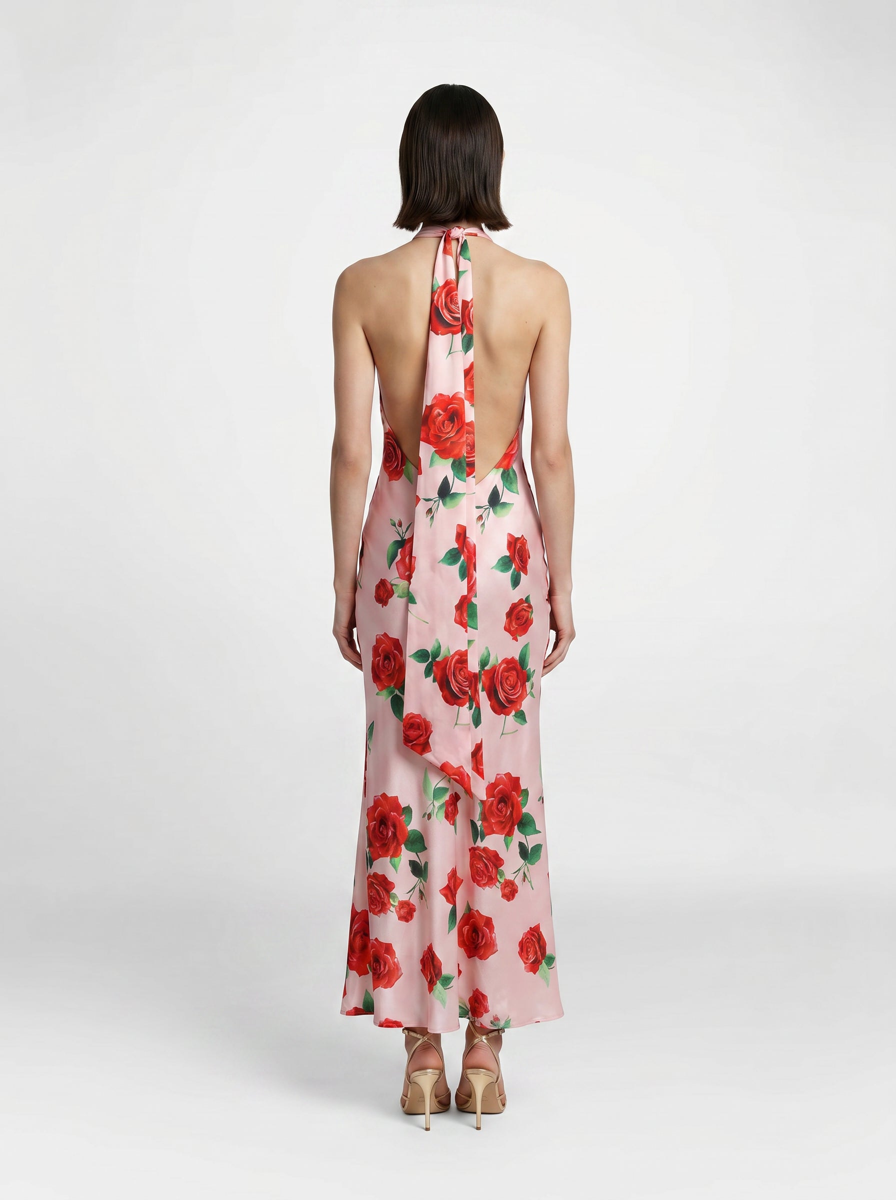 Valentina Blush Pink Rose Satin Halter Maxi Gown