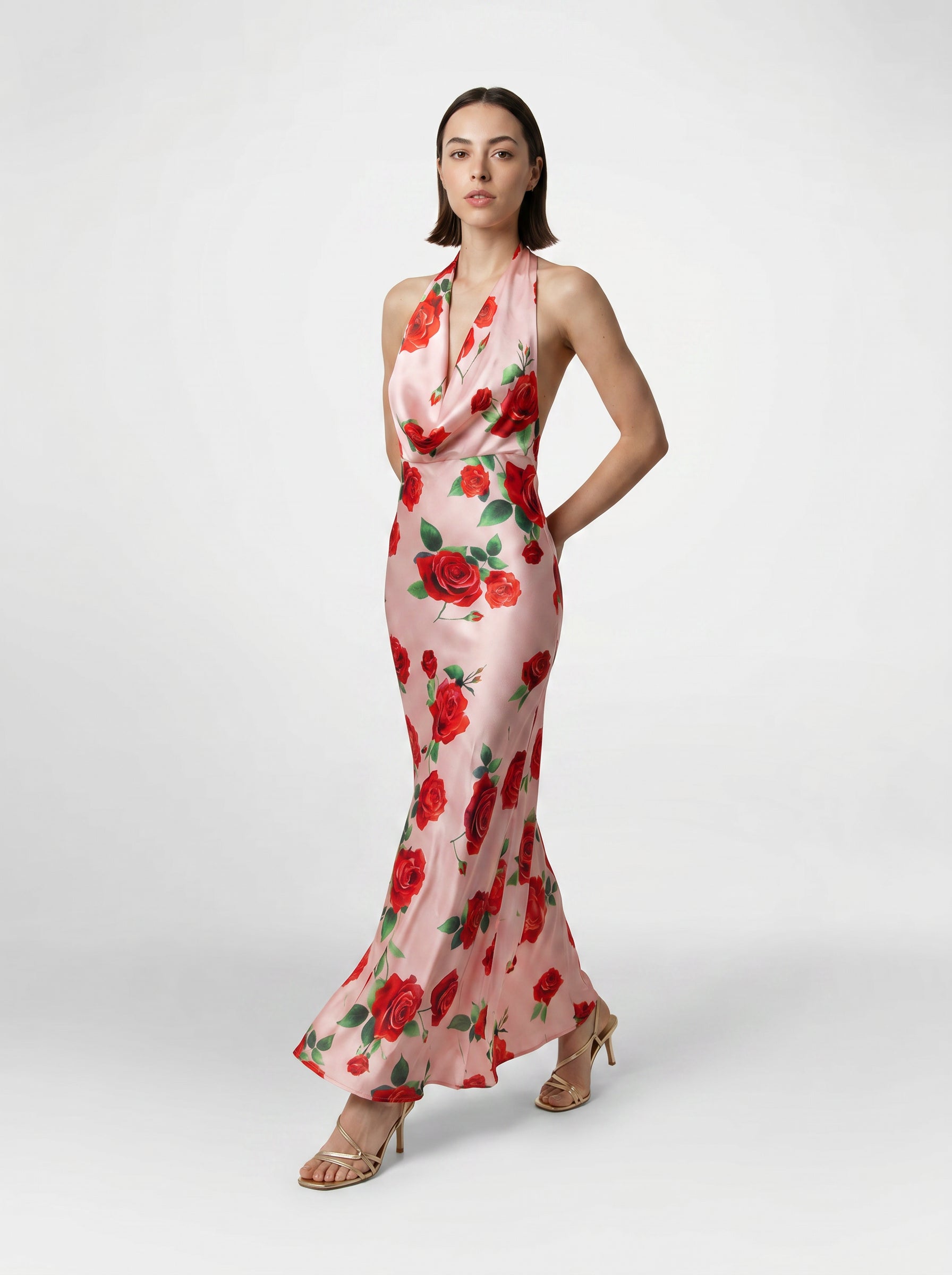 Valentina Blush Pink Rose Satin Halter Maxi Gown