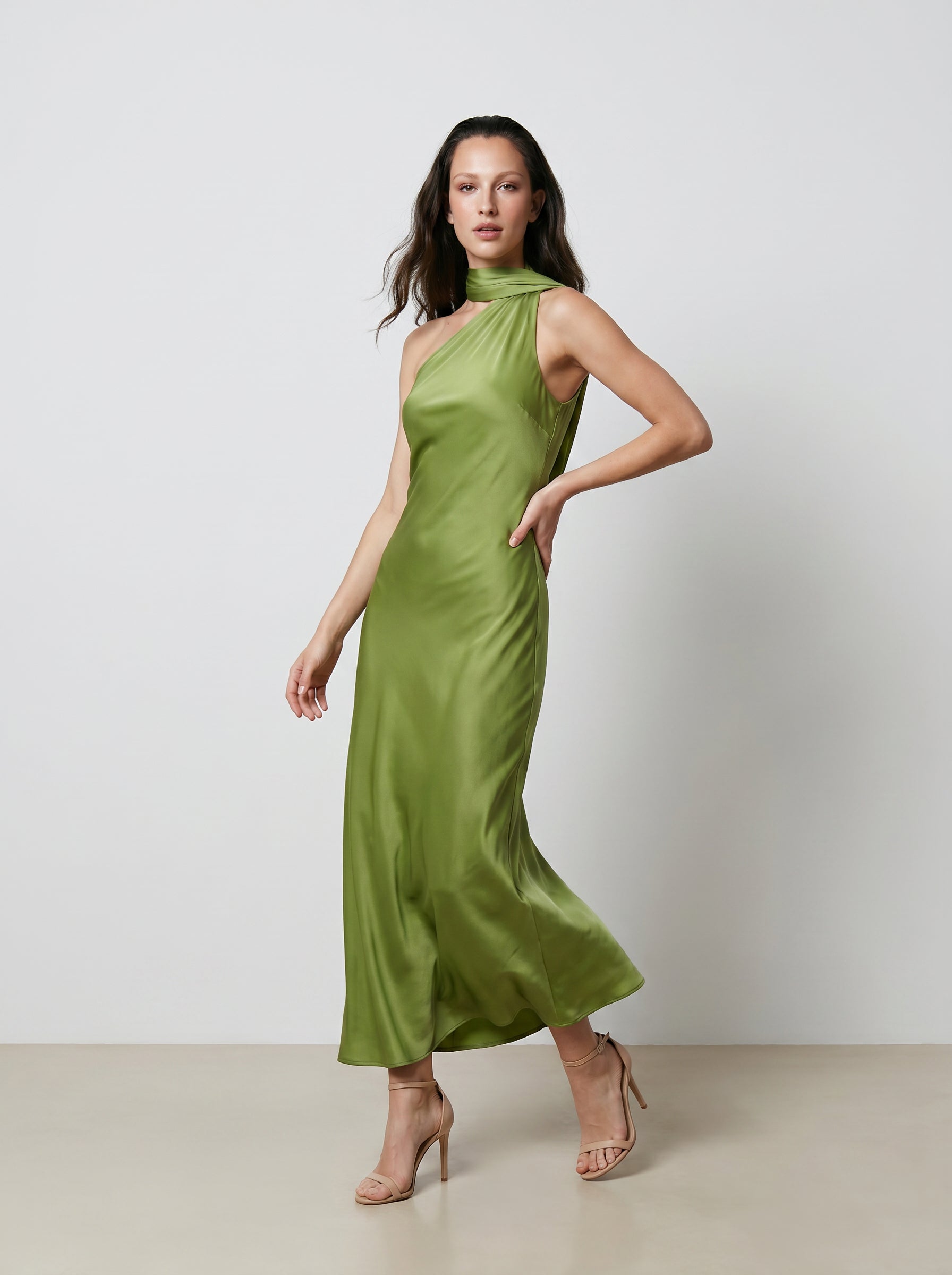 Celine Asymmetric Satin Scarf Gown