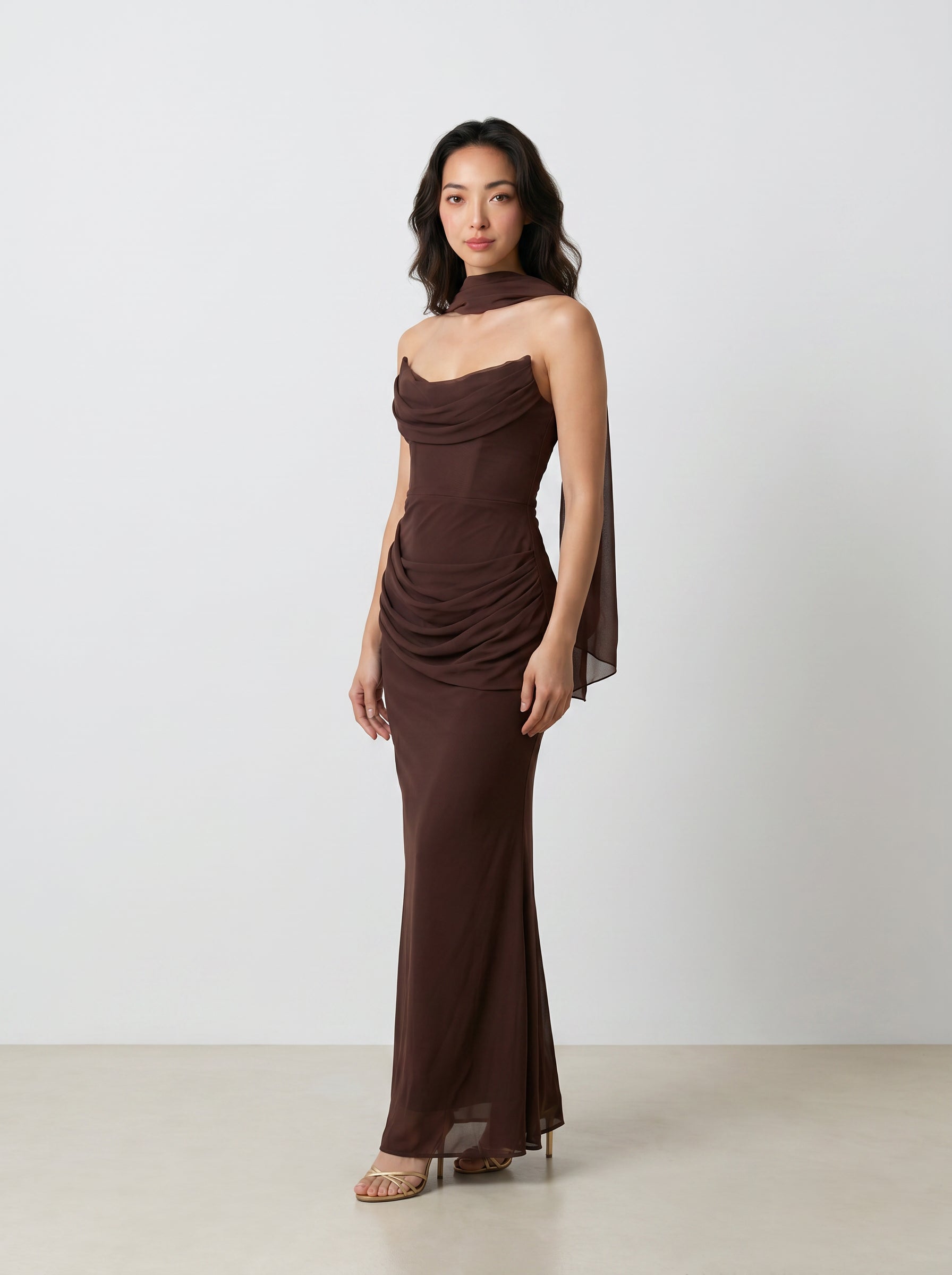 Freya Chocolate Brown Draped Corset Maxi Gown with Chiffon Scarf