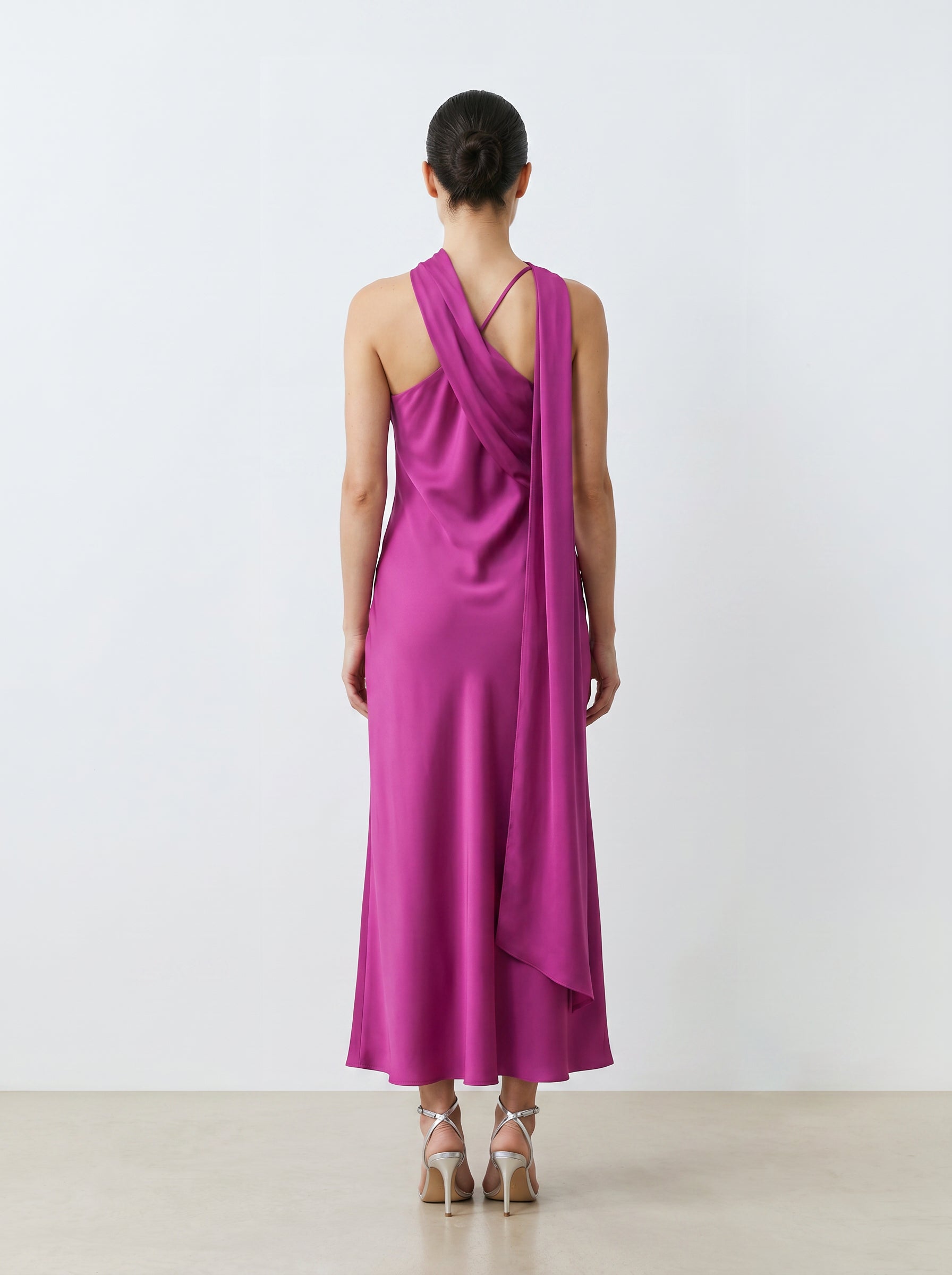 Celine Fuchsia Pink Asymmetric Maxi Gown with High-Neck Scarf Detail