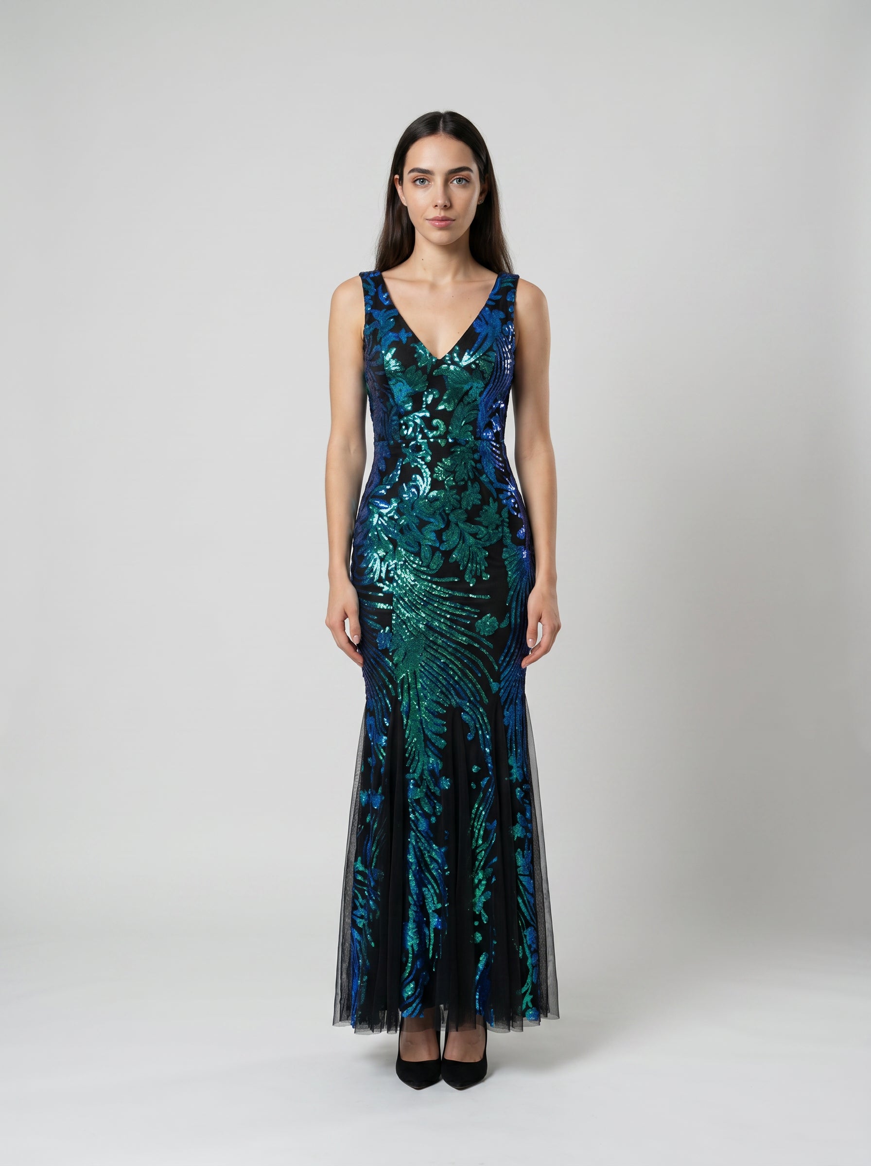 Aeva Luxe Embellished Black Peacock Mermaid Gown