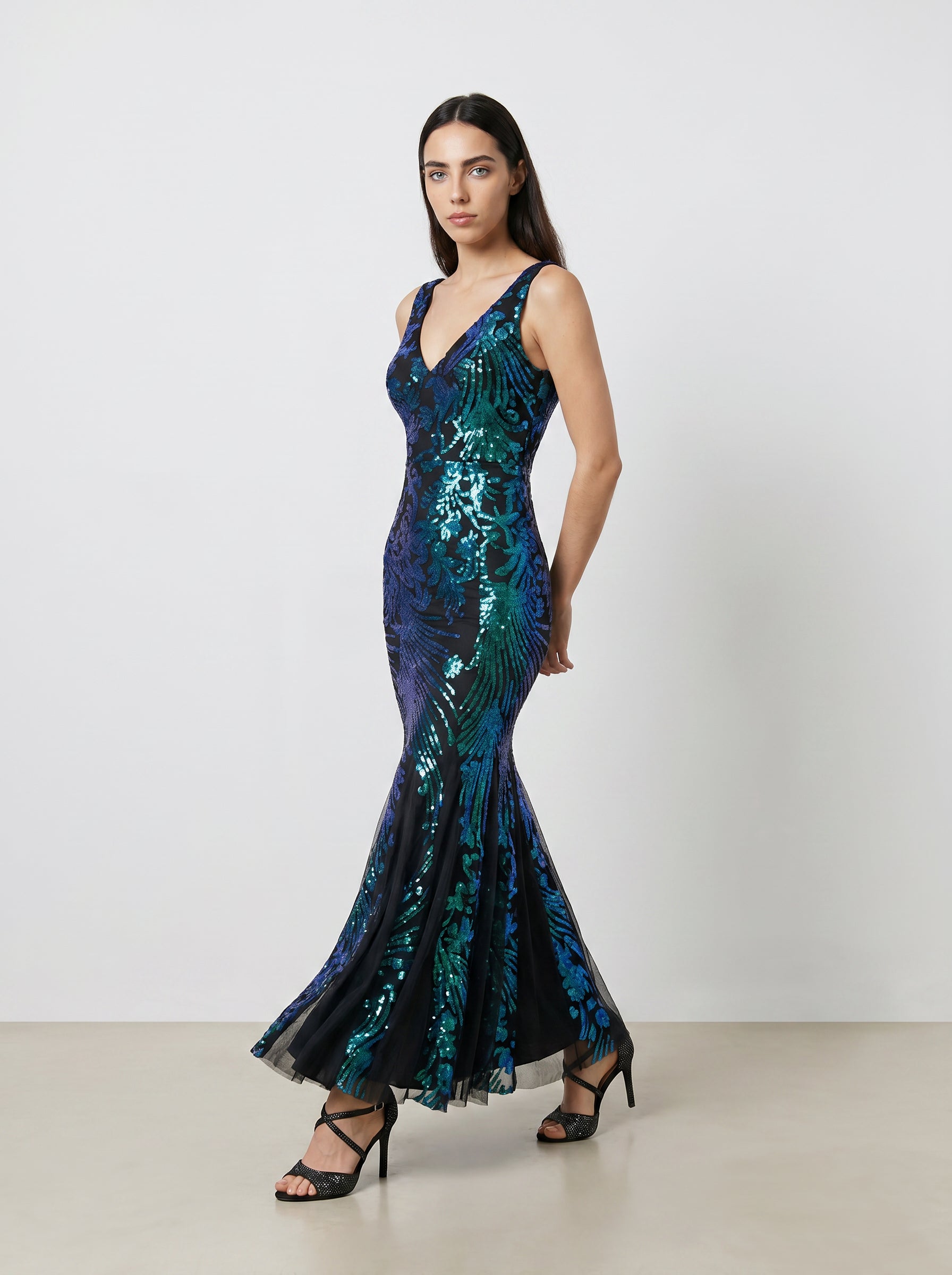 Aeva Luxe Embellished Black Peacock Mermaid Gown