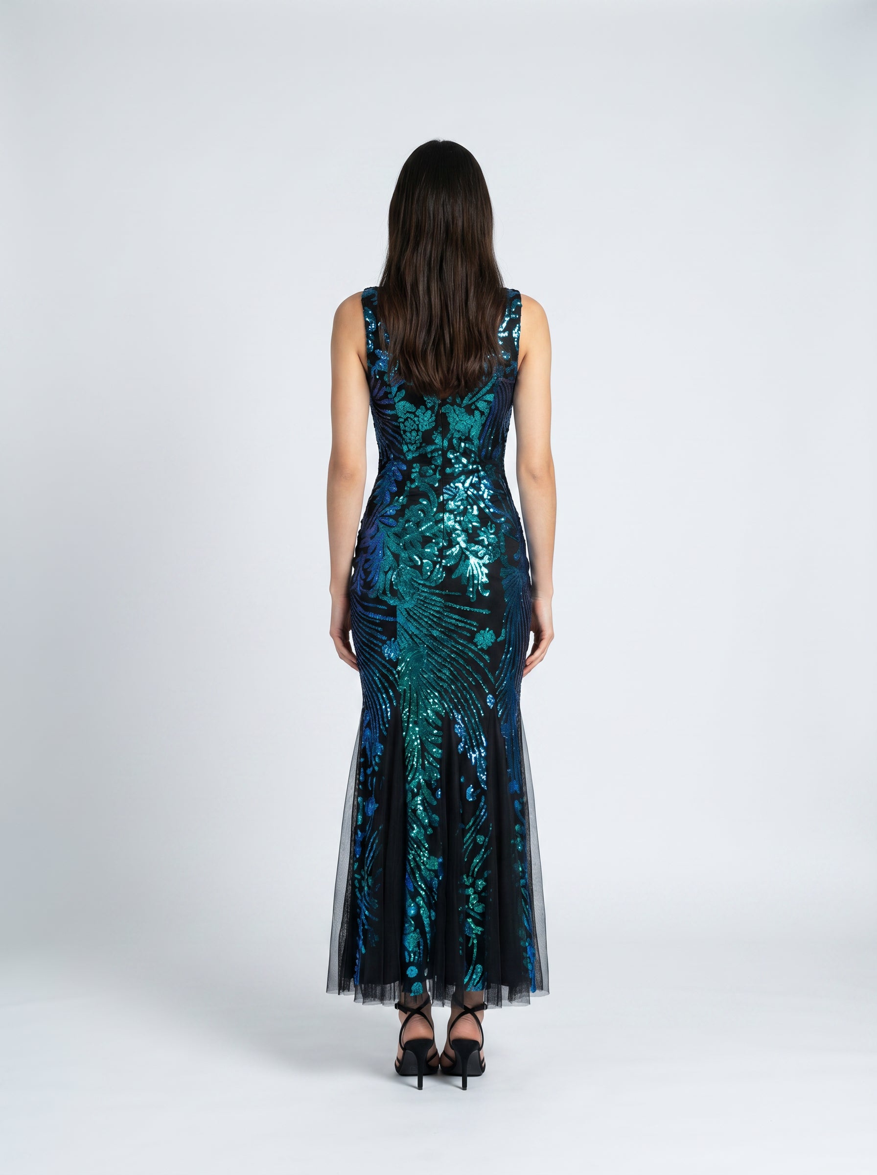 Aeva Luxe Embellished Black Peacock Mermaid Gown