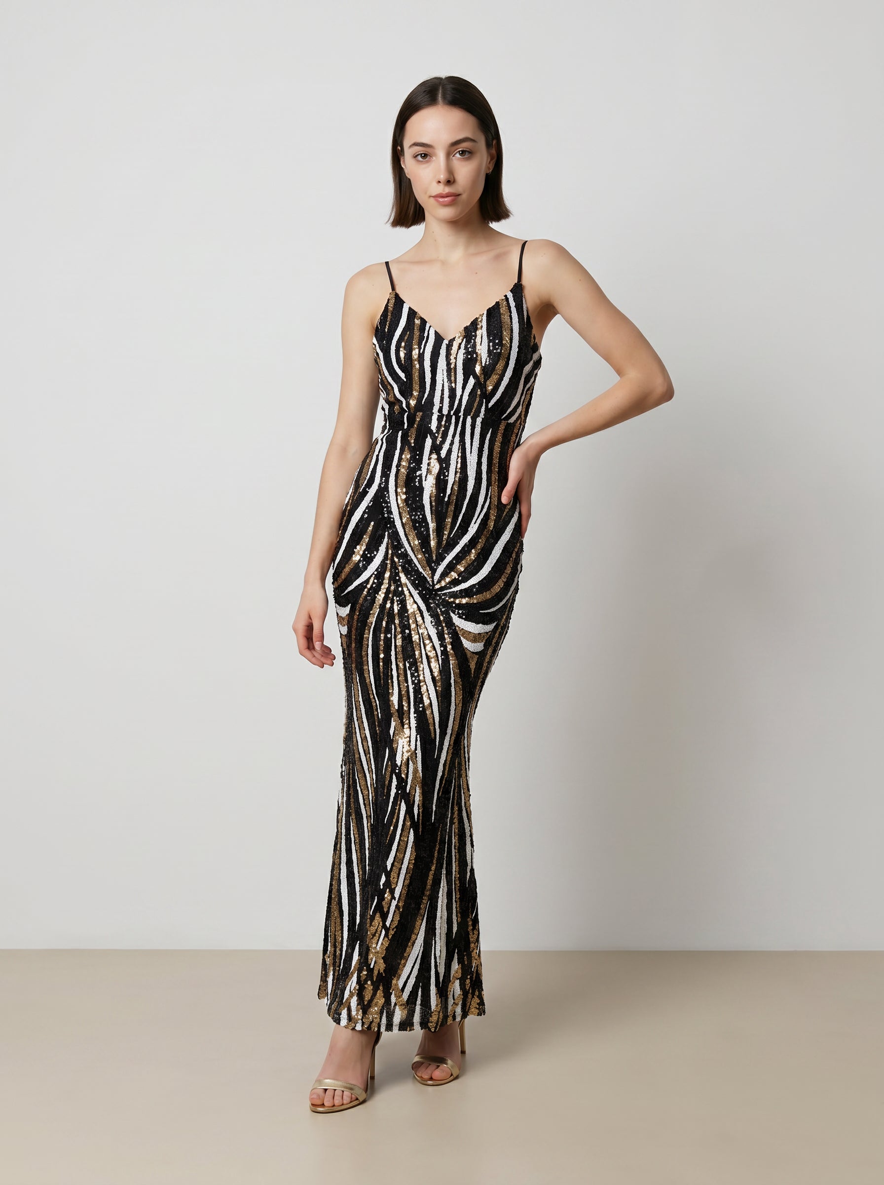 Zivya Black and Gold Tiger Stripe Sequin Gown