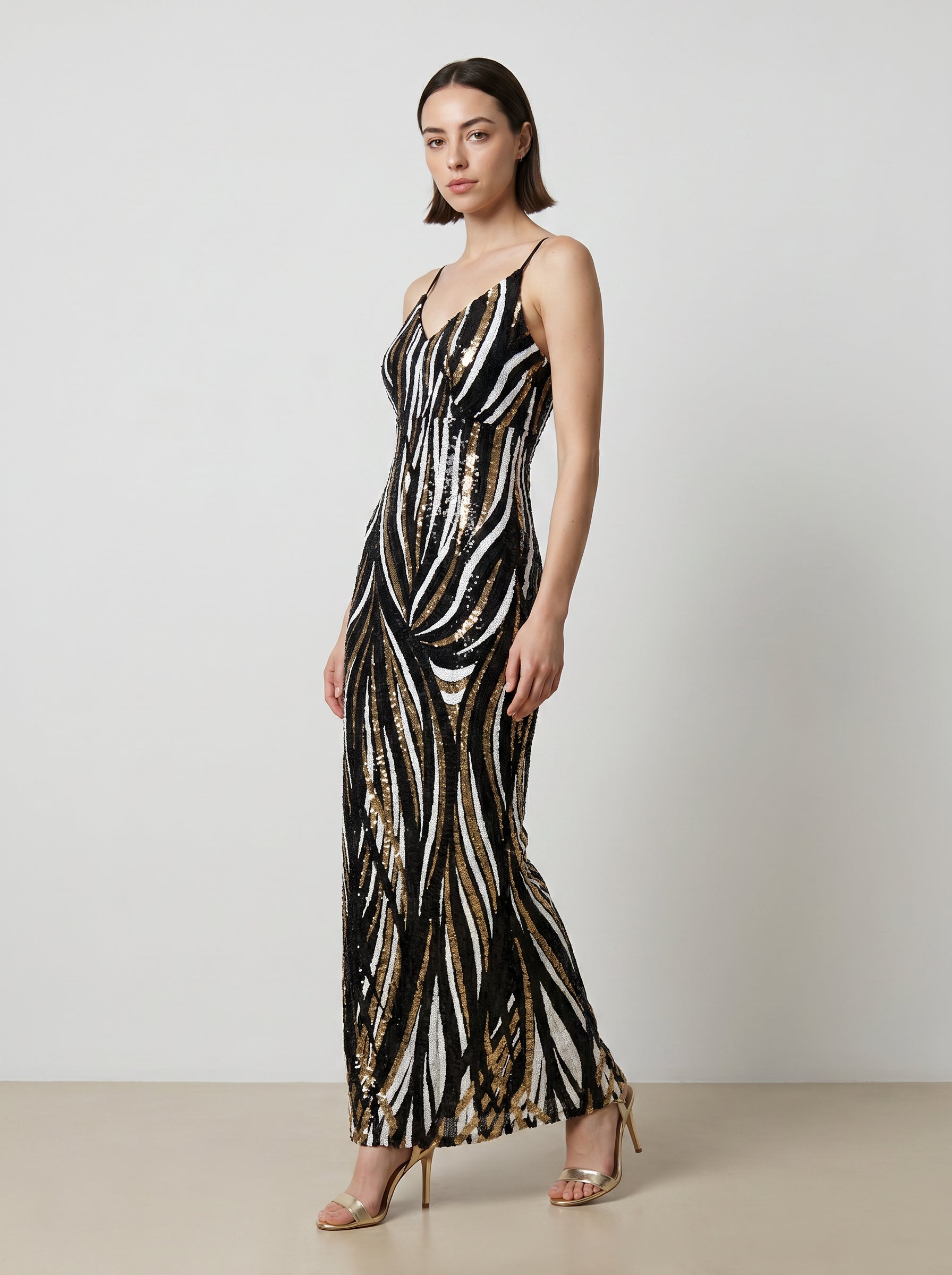 Zivya Black and Gold Tiger Stripe Sequin Gown