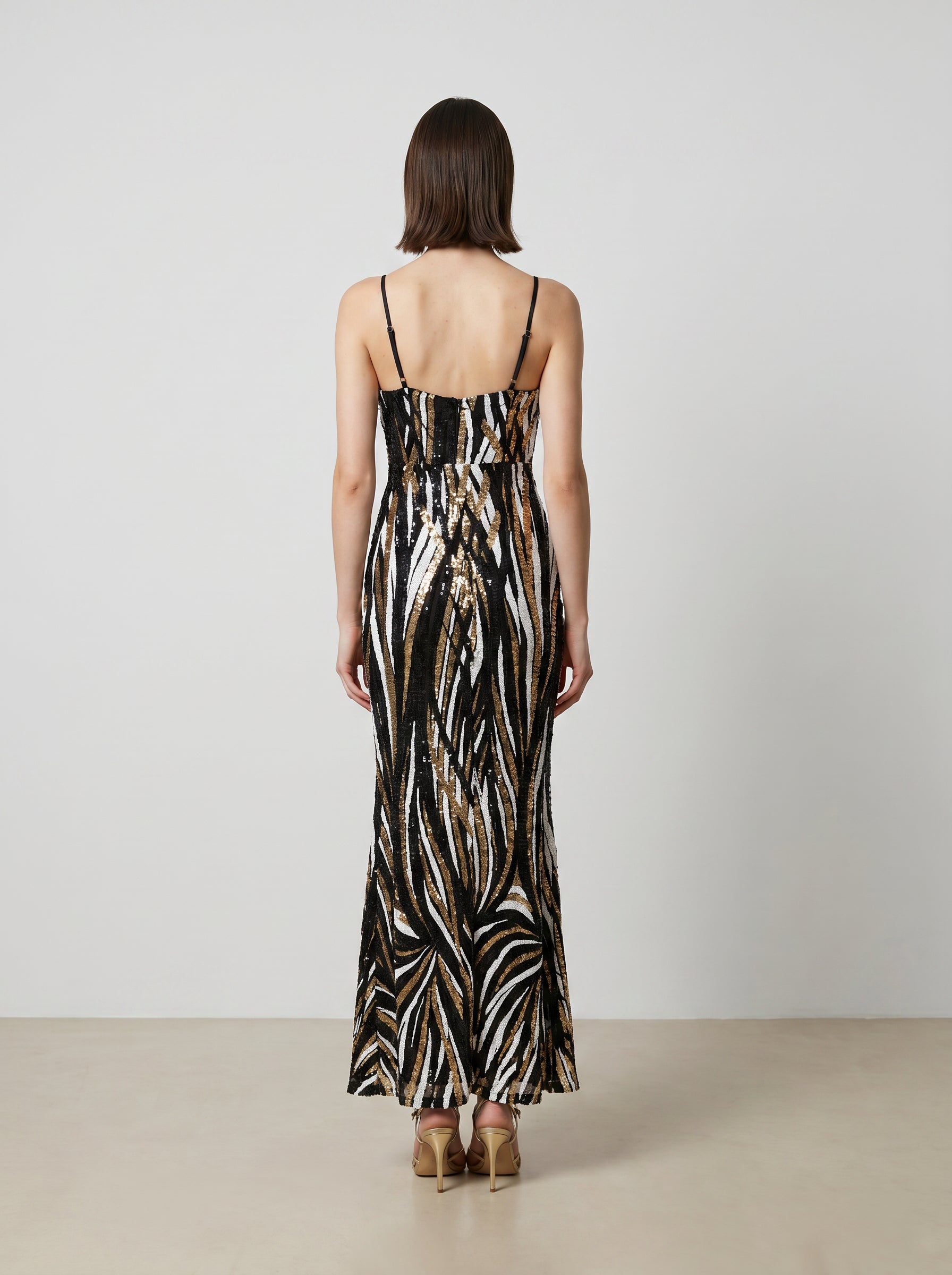 Zivya Black and Gold Tiger Stripe Sequin Gown