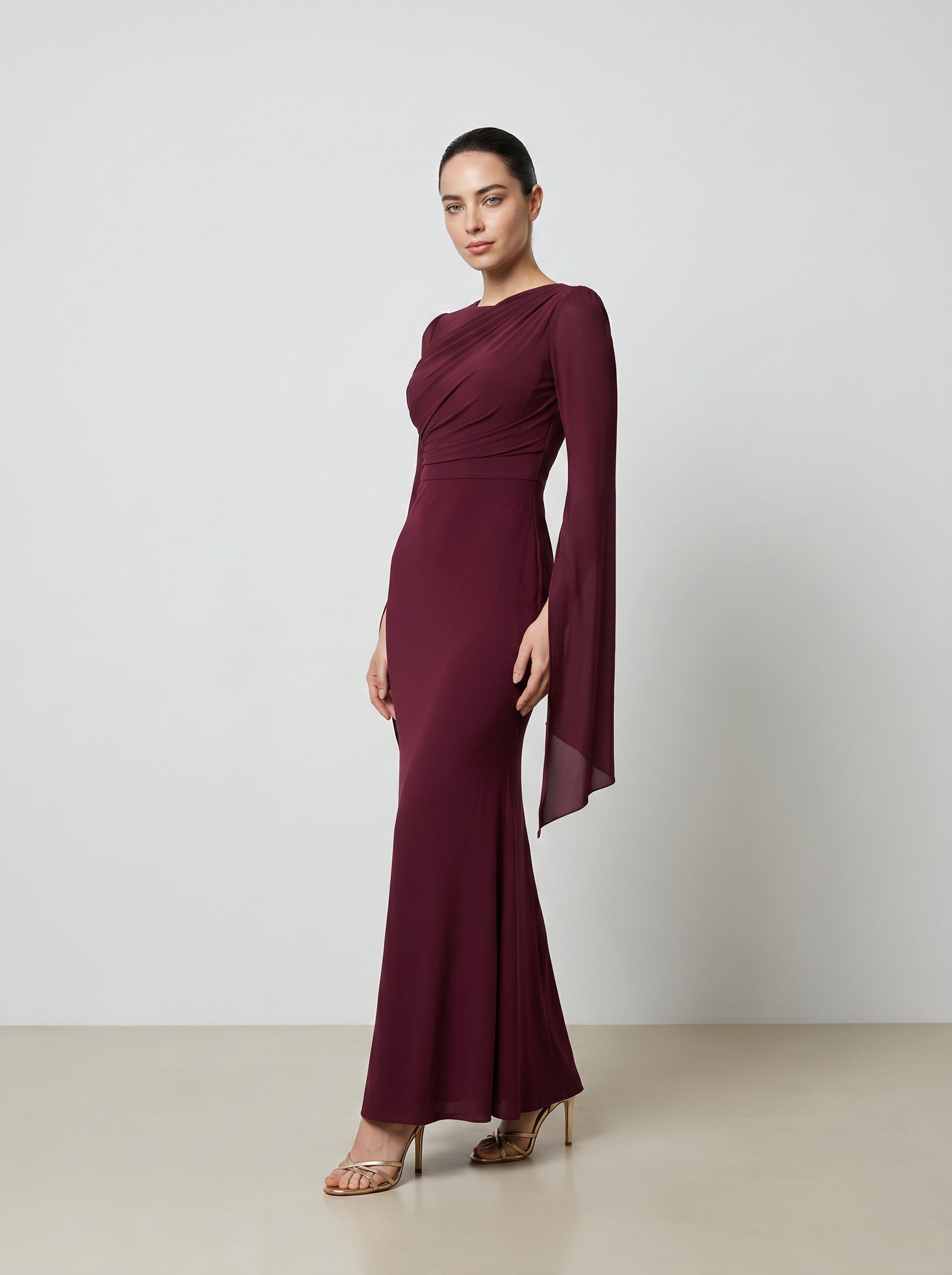 Genevieve Wine Ruched Split-Sleeve Gown