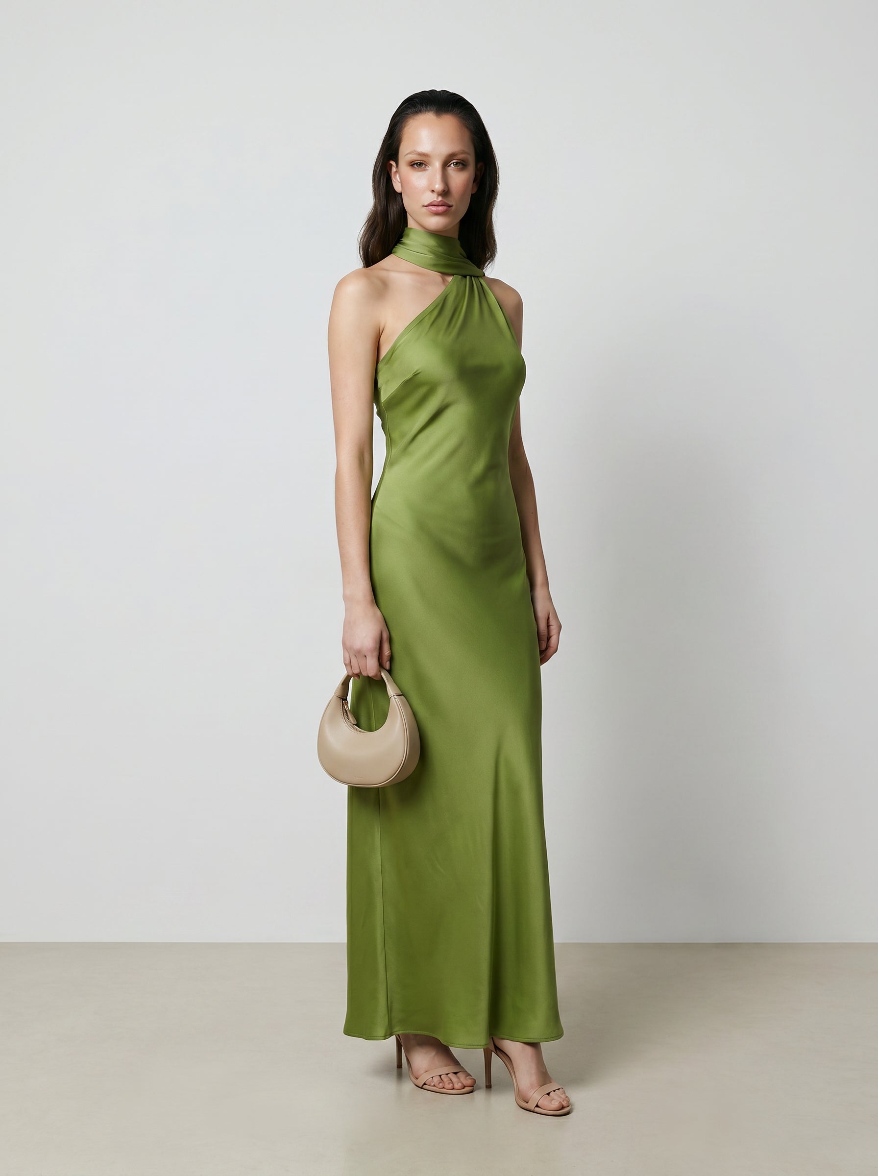 Celine Asymmetric Green Satin Scarf Gown