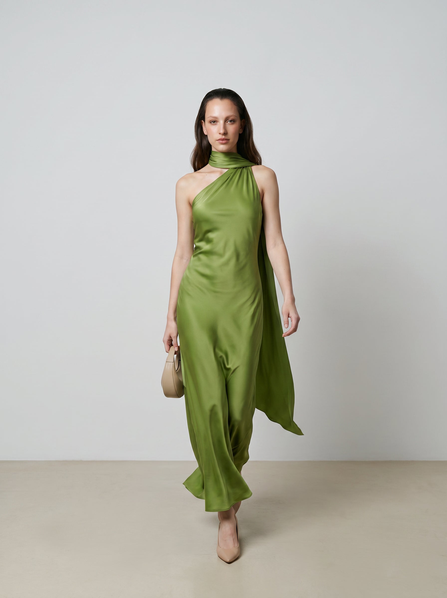 Celine Asymmetric Green Satin Scarf Gown