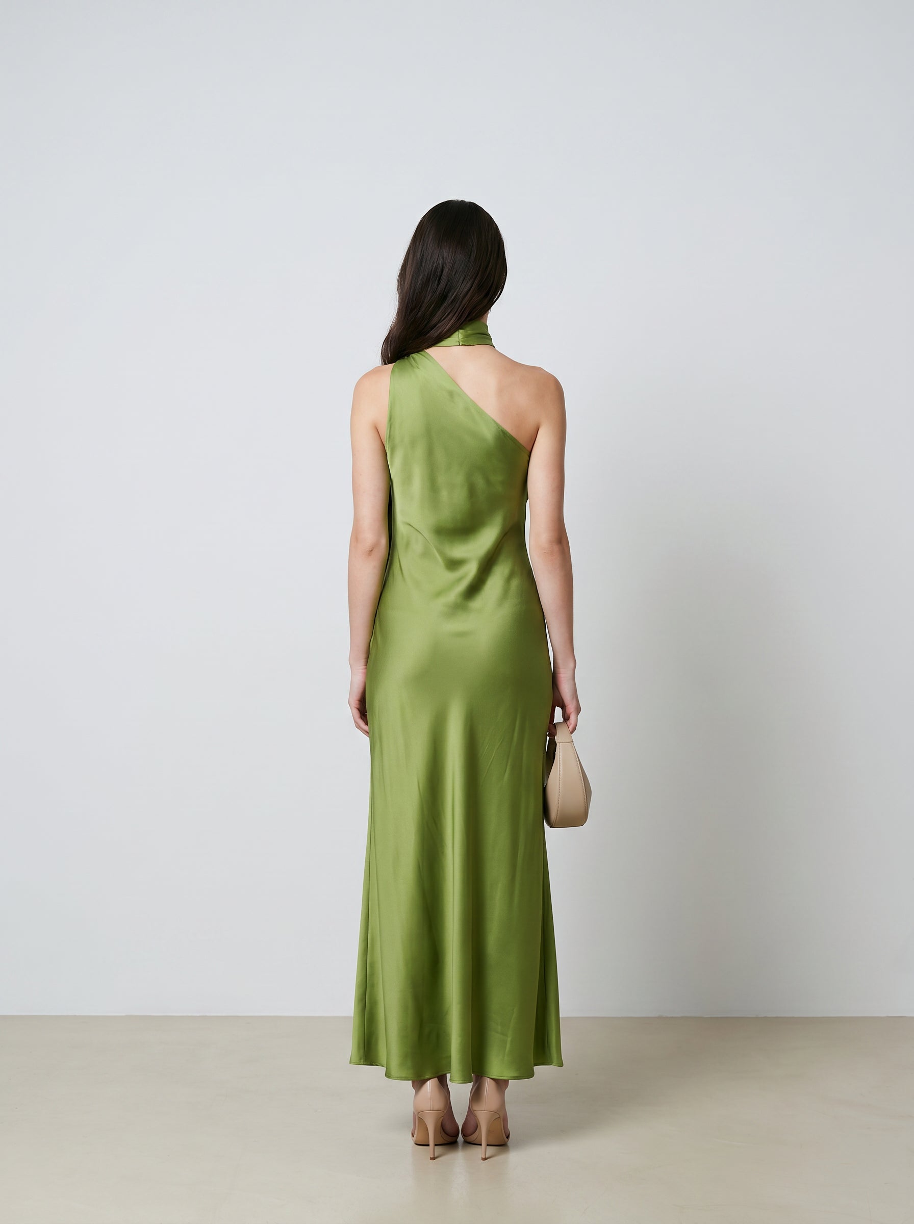 Celine Asymmetric Green Satin Scarf Gown