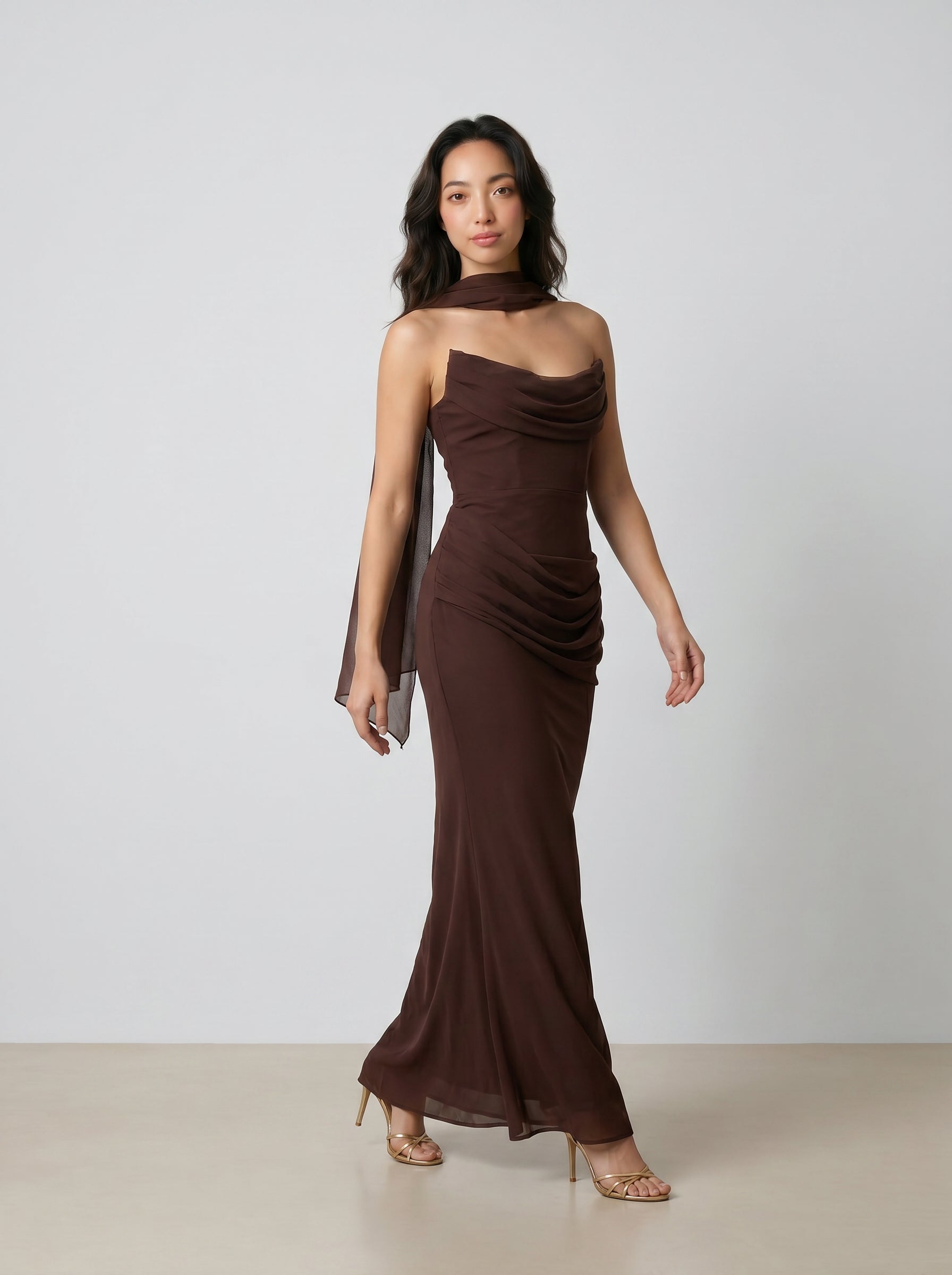Freya Chocolate Brown Draped Corset Maxi Gown with Chiffon Scarf