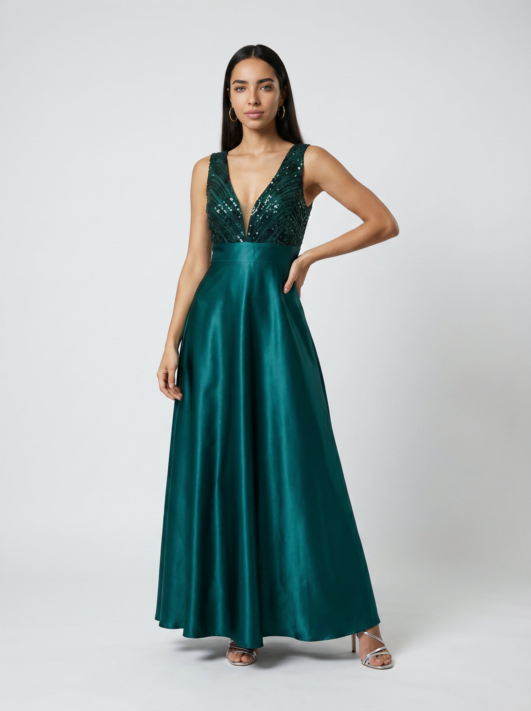 Ira Deep V-Neck Embellished Empire-Waist Gown
