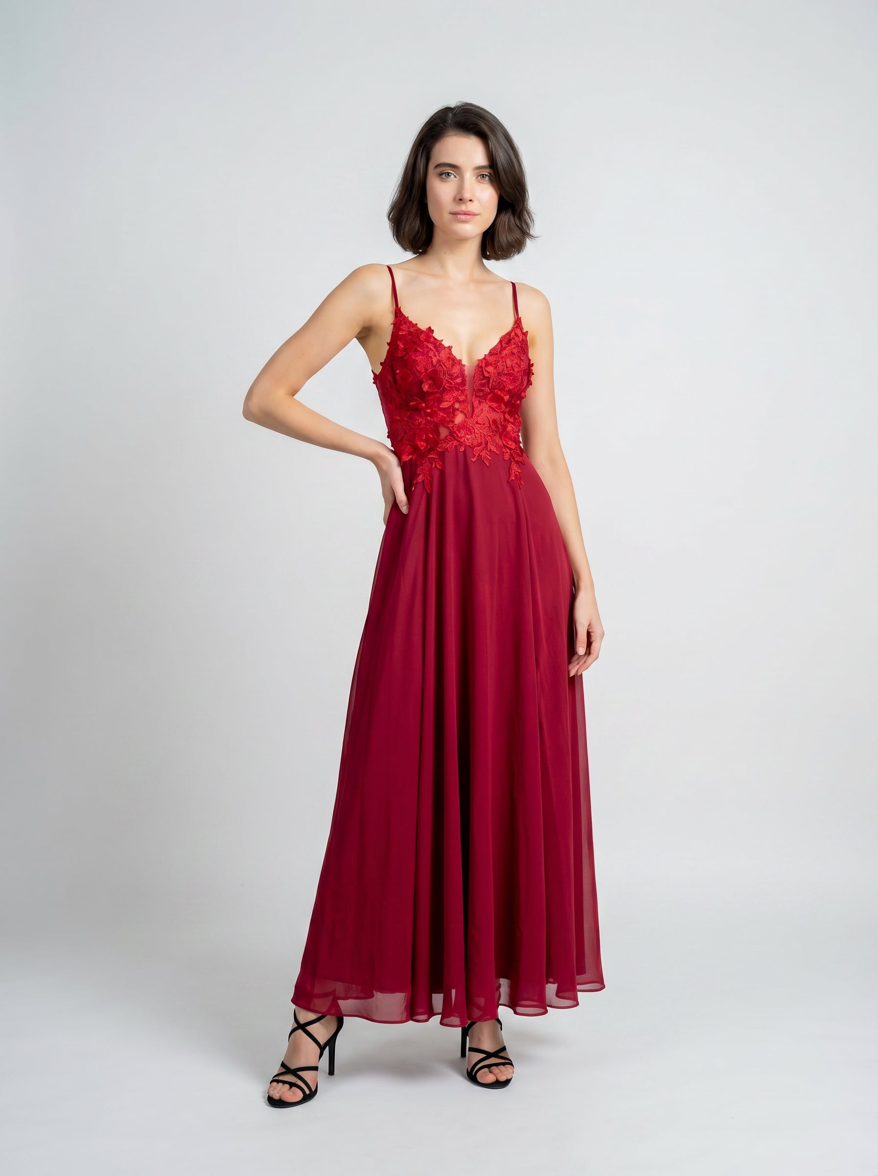 Kumud Embroidered Evening Gown – Dual Slit Satin Dress for Women