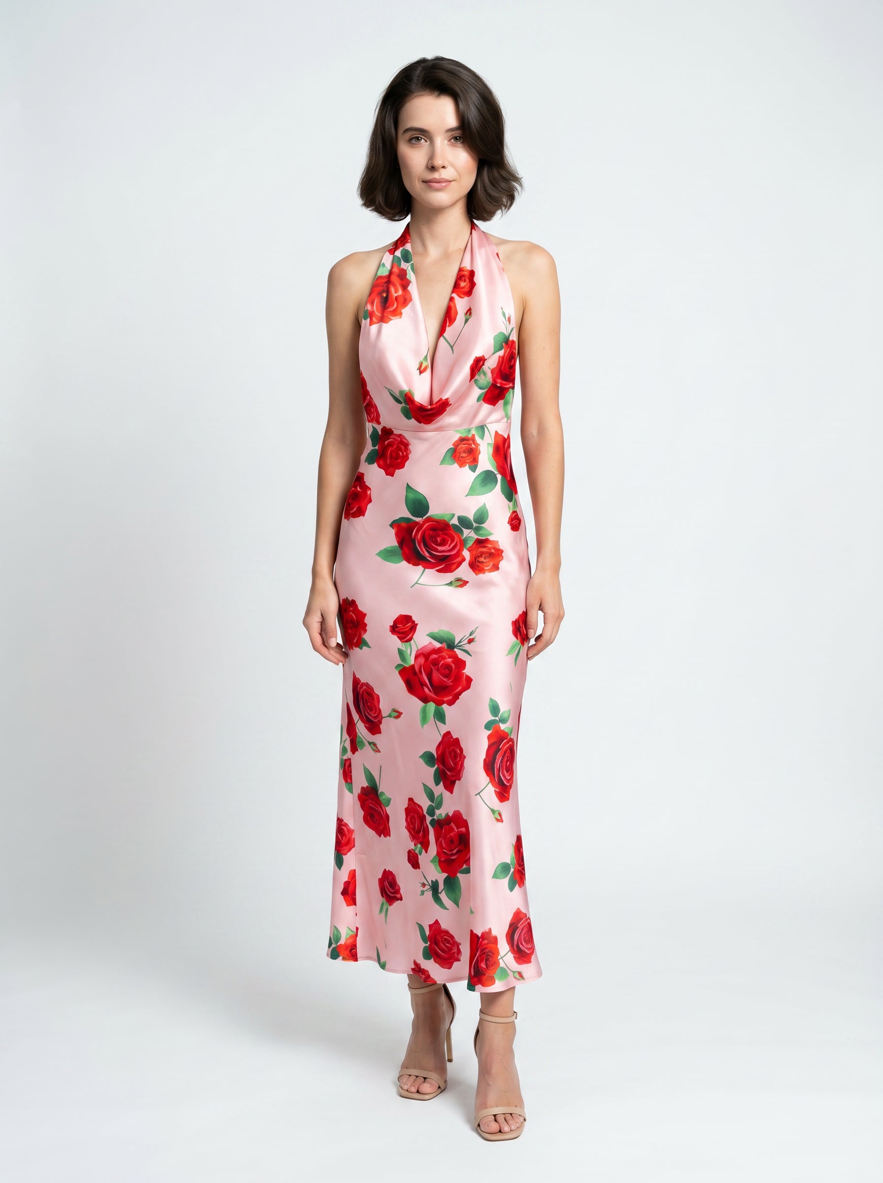 Valentina Blush Pink Rose Satin Halter Maxi Gown