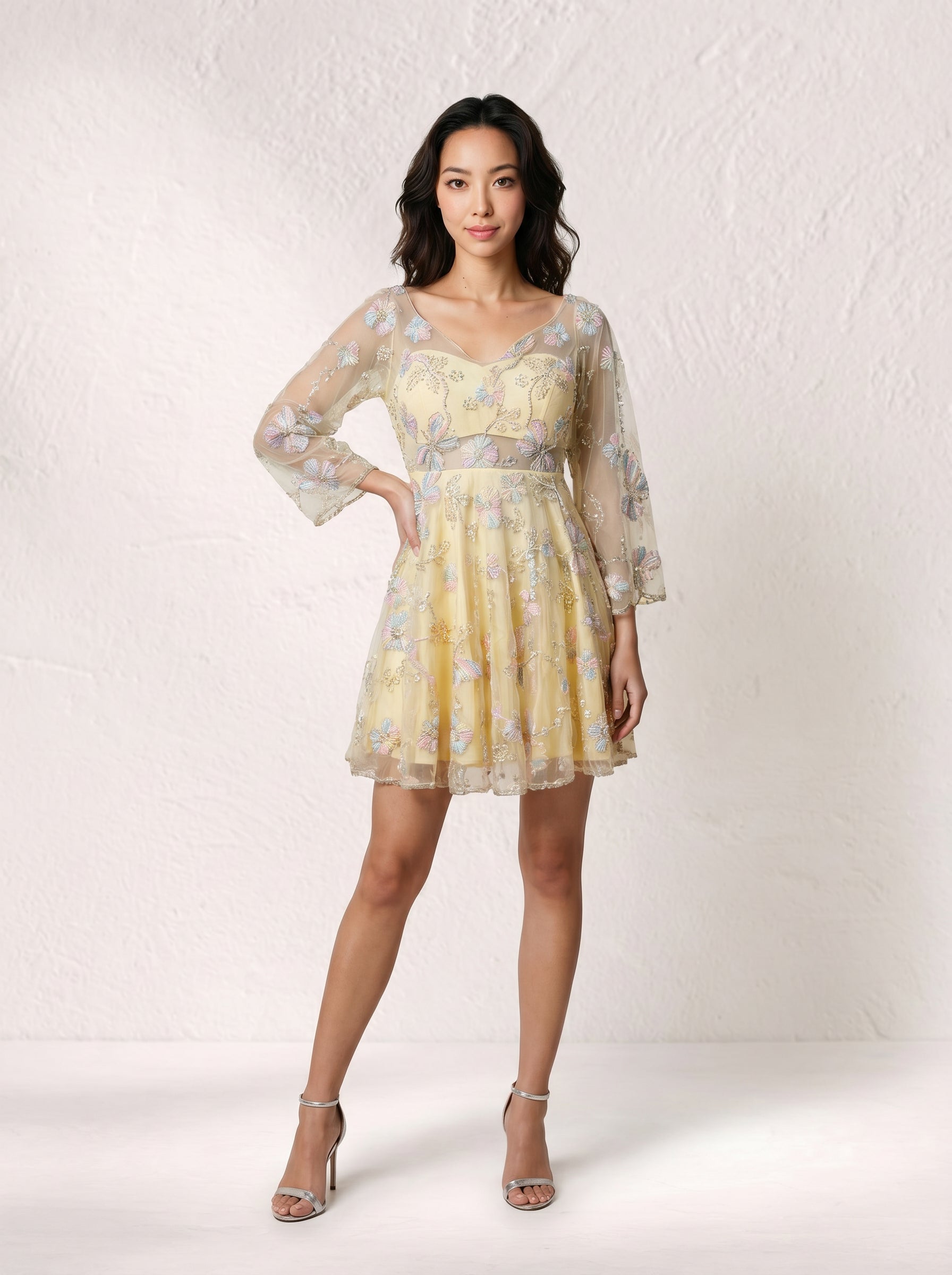 Tisha -  Embroidered Yellow Mini dress