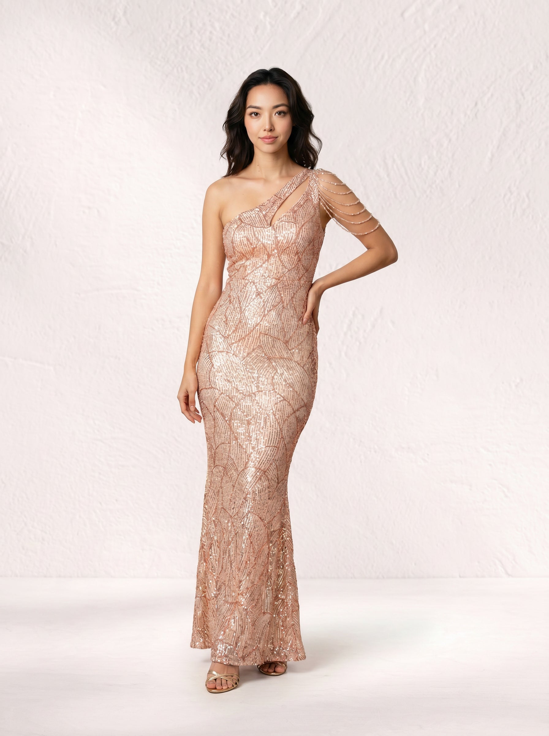 Ravya Gold Copper Mermaid Gown | One-Shoulder Sequin Dress - NIYARA India Ravya Gold Copper Mermaid Gown | One-Shoulder Sequin Dress - NIYARA India